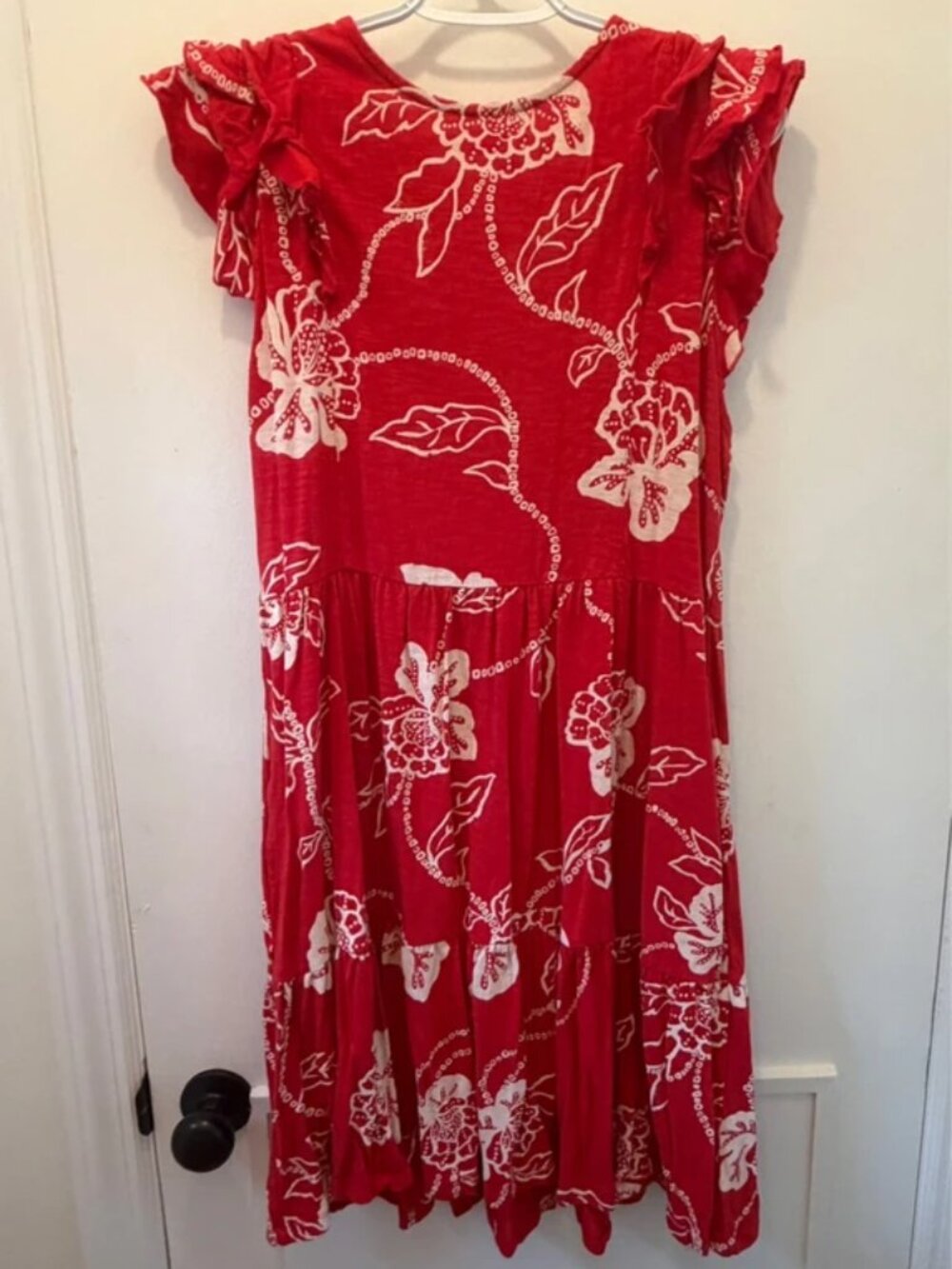 FatFace Women’s Red & White Floral Dress Frill Ruffle Sleeve Cotton Blend Knee L